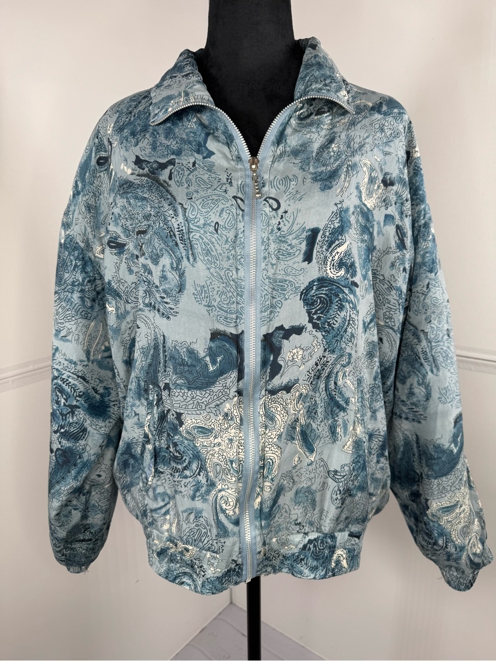 Vintage EVR Div Rousso 100% Silk Bomber Jacket Blue Paisley Print Size Medium